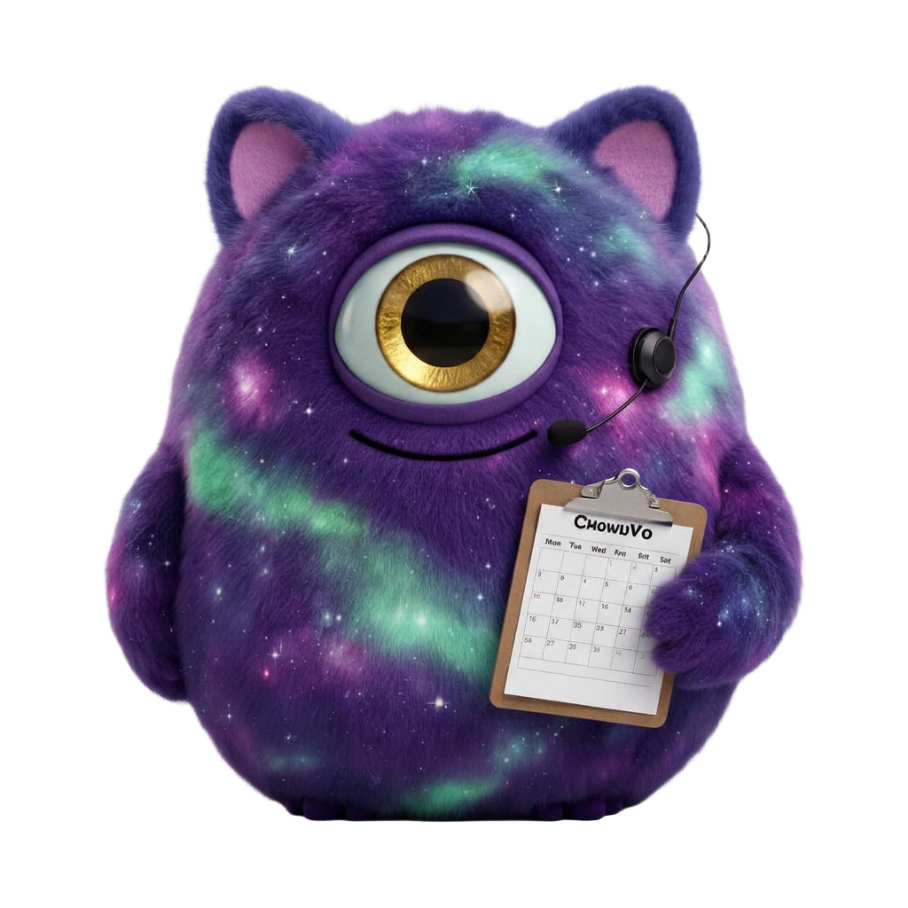 Argus wearing a headset with a calendar clipboard